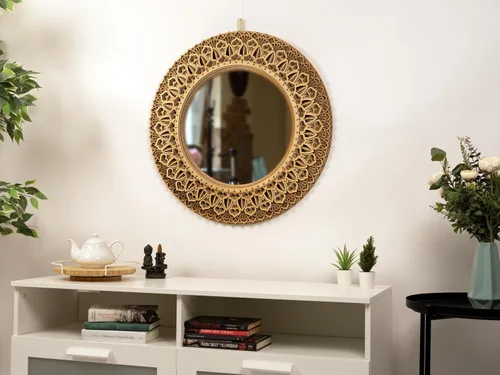 Vista 8 de BHDecor Espejo para decoración de pared para el hogar, marco tallado con láser de varias capas, elegante mandala de madera para colgar, paneles