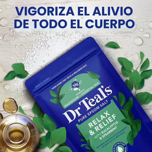 Vista 4 de Dr Teal's Sal de Epsom pura, relajación y alivio con eucalipto y menta verde, 3 libras (paquete de 4)