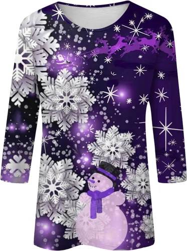 Vista 3 de Christmas Top for Women Dressy 34 Sleeves Graphic Printed T-Shirt Snowflake Tee O-Neck Outdoor Tshirts Flowy Blouses