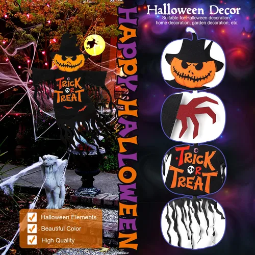 Vista 2 de Bandera de Jardín de Halloween para Exteriores Decoraciones al Aire Libre Impresas Doble Cara, Calabaza Fantasma Banderas de Patio para Invierno