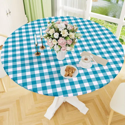 Vista 33 de Smiry - Mantel redondo de picnic de vinilo elástico impermeable con respaldo de franela, mantel de vinilo ajustable para mesas de 31-35 pulgadas