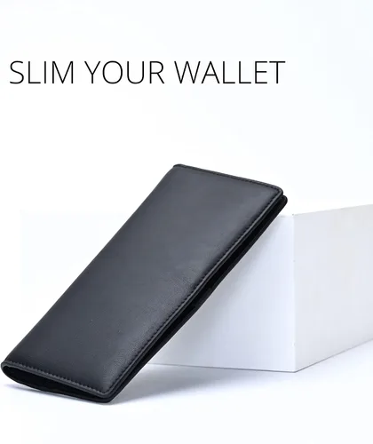 Vista 2 de Alldaily Cartera de cuero ultra delgada para mujer, tarjetero de crédito con bloqueo RFID, doble largo para mujer, Negro