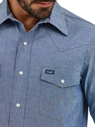 Vista 4 de Wrangler Camisa de trabajo de manga larga con cierre de chambray occidental para hombre