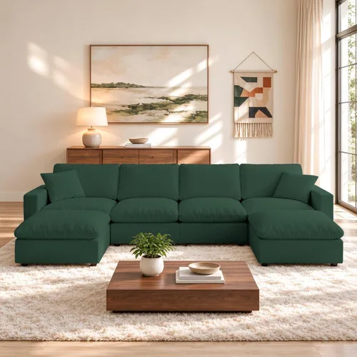Vista 20 de Sofá seccional moderno de lino en forma de L para sala de estar, sofás modulares con relleno de plumón, fundas de cojín de sofá desmontables, sofá