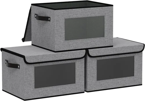Vista 15 de Cajas de almacenamiento plegables con tapas, organizadores de armario de lino, contenedores de almacenamiento de 10.2 x 7.8 x 6.7 pulgadas para Beige