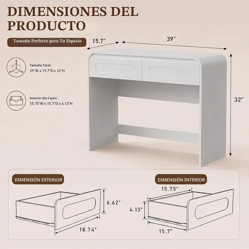 Vista 3 de Escritorio de tocador, escritorio de maquillaje con 2 cajones y espacio