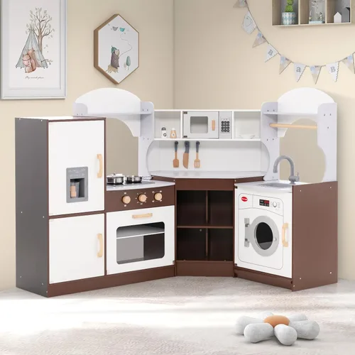 Vista 9 de Costzon Juego de cocina esquinera para niños, cocina de madera con sonidos y luces, lavadora, máquina de hielo, microondas, horno, fregadero