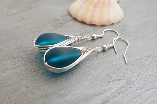 Vista 65 de Yinahawaii Handmade Sea Glass Earrings, Hawaiian Jewelry, Wire Braided Earrings Teardrop Earrings, Beach Jewelry Sea Glass Jewelry For Women Cobalt
