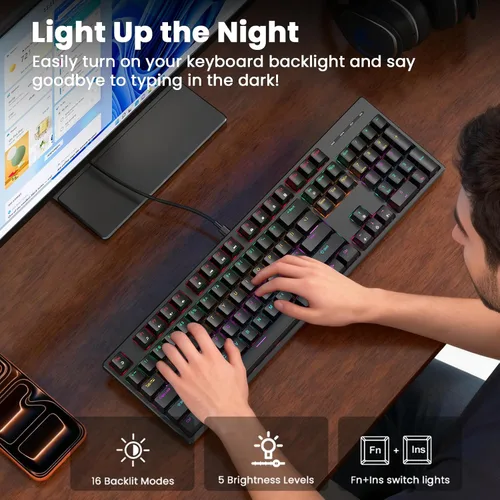 Vista 4 de Mechanical Gaming Keyboard Wired, Red Switch USB Keyboard, 104 Key Full Size Light Up Computer Keyboard for PC Mac