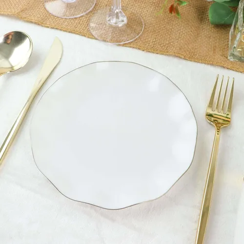 Vista 120 de Tableclothsfactory Paquete de 10 platos redondos de plástico negro de 6 pulgadas para ensalada de postre, platos desechables con borde ondulado