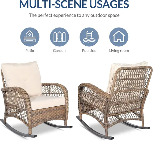 Vista 6 de Mecedora de mimbre para exteriores, silla mecedora de ratán para patio con marco de acero, silla mecedora para césped, muebles de patio, mimbre Beige