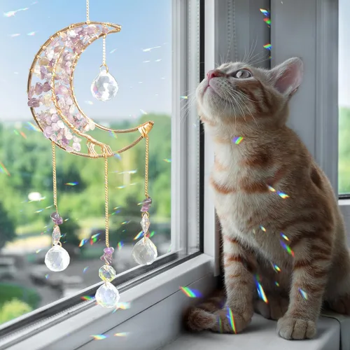 Vista 6 de Crystal Moon Suncacher - Captadores de Sol para ventana de interior, prisma de cristal luna, captador de sueños de cristal, piedras curativas