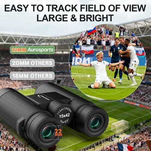 Vista 4 de Binoculares de 15 x 42 para adultos de alta potencia, binoculares portátiles ligeros Aurosports HD con adaptador de teléfono, prisma BAK4 y bolsa