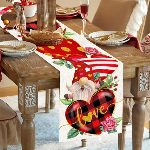 Vista 7 de Camino de mesa para el día de San Valentín de 36 pulgadas con corazón rojo y temática de San Valentín, gnomo para cocina, mesa de comedor