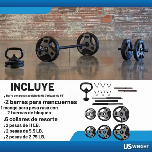 Vista 3 de USWeight - Juego de pesas de 43 libras con barra de 55 pulgadas, mancuerna y mango de pesa rusa