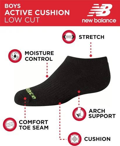 Vista 3 de New Balance Calcetines de corte bajo sin sudor para niños con soporte de arco paquete de 8
