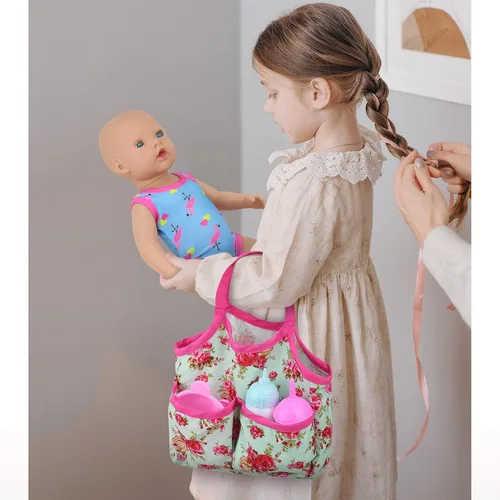 Vista 7 de UNICORN ELEMENT Juego de 12 accesorios para muñecas de bebé, kit de alimentación y cuidado con bolsa de pañales, pañales para muñecas, 2 botellas