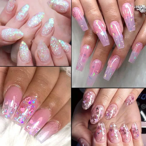 Vista 5 de 24 rejillas de lentejuelas holográficas para uñas y 1 pinza Adhesivo iridiscente con purpurina de copos de sirena ultra finos y coloridos