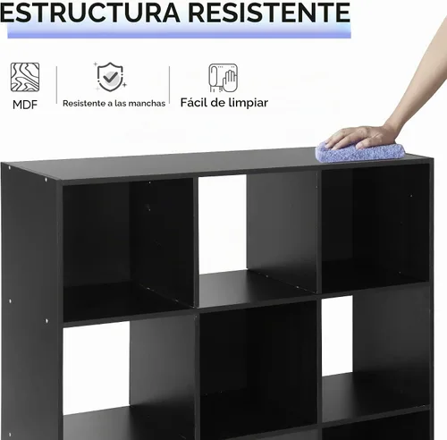 Vista 6 de JupiterForce Organizador de almacenamiento de 9 cubos, estante de exhibición de madera con 5 paneles traseros removibles, estantería de libros