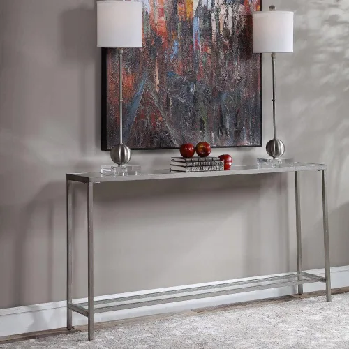 Vista 8 de Uttermost Hayley - Mesa consola de cristal transparente y plata de 60 pulgadas de ancho
