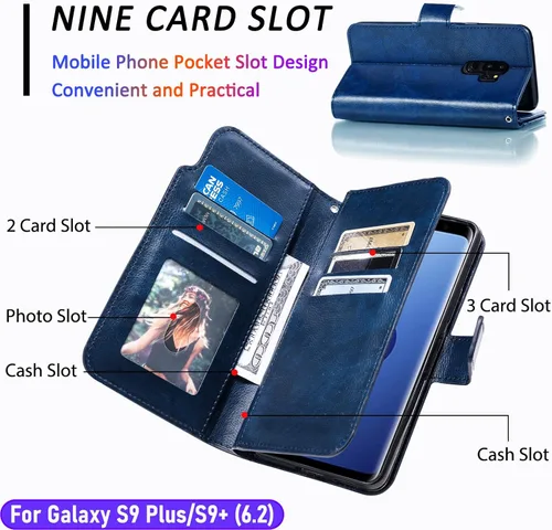 Vista 2 de Funda tipo cartera para Galaxy S9 Plus/S9+ de 6.2 pulgadas [3+ ranuras para tarjetas] Funda de piel sintética plegable para tarjetas de crédito