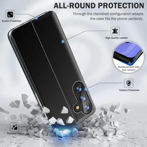 Vista 5 de Funda de teléfono para Samsung Galaxy A54 5G, Smart Clear View Window Luxury Slim para Galaxy A54 con soporte, funda protectora de cuero duro
