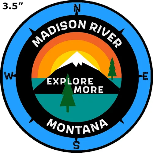 Vista 2 de Madison River, Montana - Explore More - Calcomanía para ventana de coche y camión de 3.5 pulgadas Azul neón