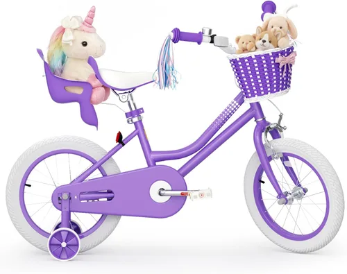 Vista 22 de KORIMEFA Bicicleta para niñas de 2 a 12 años, 12, 14, 16, 20 pulgadas, bicicleta para niños pequeños con ruedas de entrenamiento, bicicleta