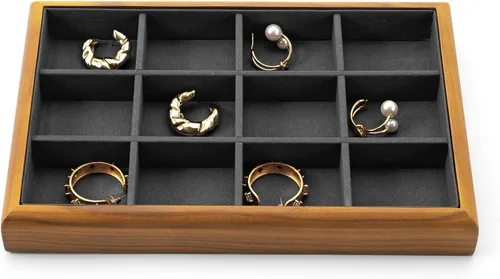Vista 10 de Oirlv Bandeja Organizadora de Joyas Colgante de Madera Maciza de 12 Rejillas con Forro para Cajón de Joyas (Gris)