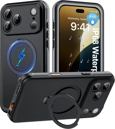 Vista 46 de ANTSHARE Funda impermeable IP68 para iPhone 16, negro/transparente Lente incorporada/protector de pantalla, protección militar contra caídas, funda