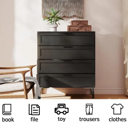 Vista 5 de TaoHFE Cómoda negra de 4 cajones para dormitorio, cómoda de lencería de madera para dormitorio, moderna cómoda negra de 36 pulgadas de alto