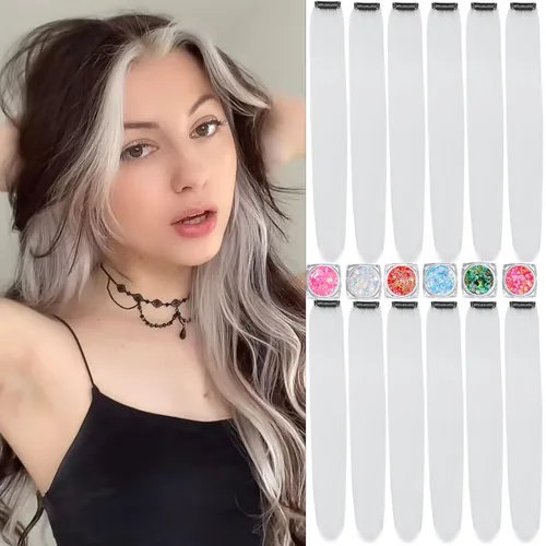 Vista 10 de Extensiones de cabello de colores, extensión de cabello liso con clip de 22 pulgadas, extensiones de cabello con brillantina multicolor arcoíris