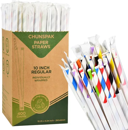 Vista 12 de Pajitas de papel desechables envueltas individualmente de 7.75 x 0.24 pulgadas, rayas coloridas [400 unidades] - biodegradables ecológicos