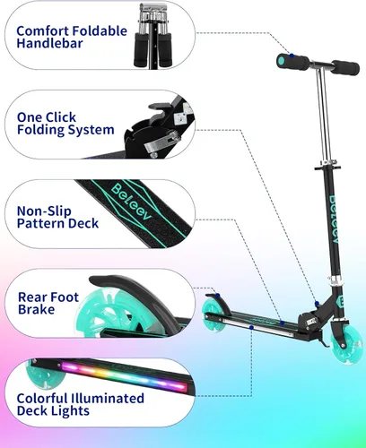 Vista 6 de BELEEV V1 Patinetas para niños, patineta plegable de 2 ruedas para niños y niñas, 3 alturas ajustables, ruedas iluminadas, patineta ligera