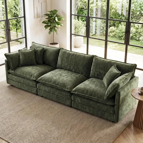 Vista 86 de Sofá individual modular de chenilla con otomana, sofá nube con almohada, color beige