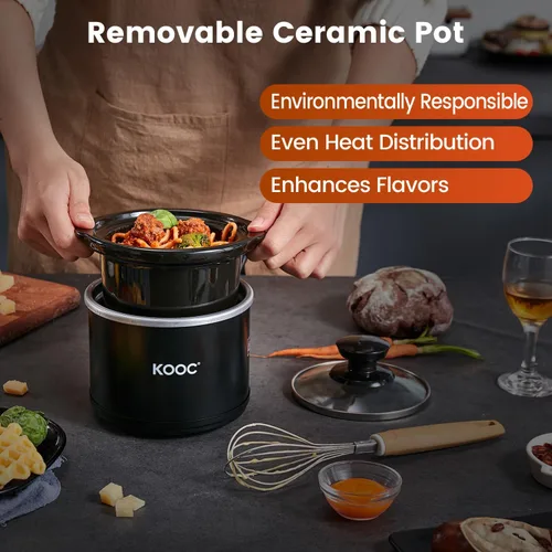 Vista 4 de KOOC Olla de cocción lenta pequeña, 0.60 L, incluye revestimientos gratuitos, olla de cerámica mejorada, reducción de pérdida de nutrientes