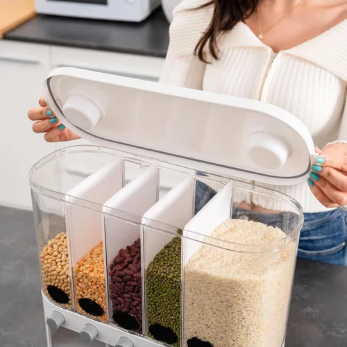 Vista 8 de MAPLE TREE Dispensador de alimentos secos de 25 libras para granos, arroz, frijoles y lentejas, contenedor de almacenamiento de despensa de cocina