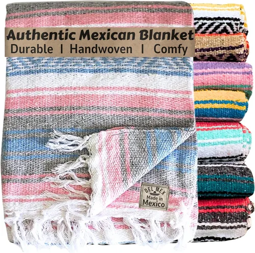 Vista 22 de Del Mex Manta clásica mexicana, gran manta falsa tejida auténtica (70 x 50 pulgadas), decoración artesanal del suroeste para playa, yoga, aire libre