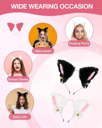 Vista 5 de Fox Cat Ears Anime Cosplay - Diadema de lobo de animales, diadema de Halloween, accesorios de disfraz con campanas