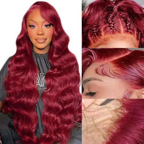 Vista 13 de MUPRETTY Pelucas de cabello humano con encaje frontal color burdeos, densidad del 180 %, peluca de encaje frontal de 13 x 4 pulgadas, con cabello