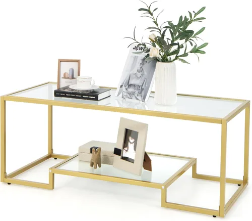 Vista 8 de NAFORT Mesa de centro de cristal templado, mesa central moderna rectangular dorada de 45 pulgadas con estante de almacenamiento inferior