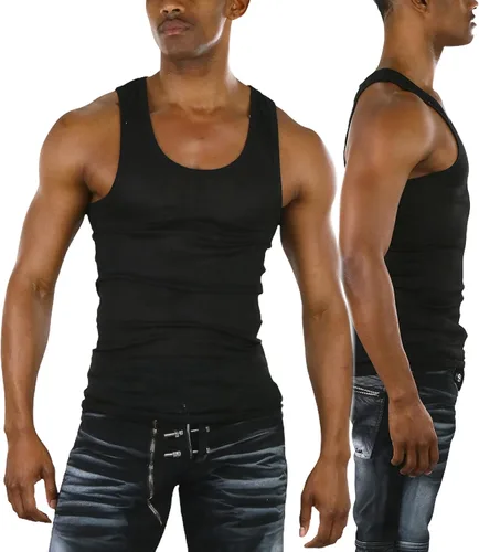 Vista 3 de ToBeInStyle Camiseta sin mangas para hombre, ajuste delgado, mezcla de algodón, color liso, cuello redondo