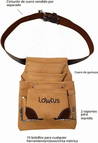 Vista 5 de LAUTUS Bolsa de cuero para herramientas Carpintero, construcción, enmarcadores, manitas 2 soportes para martillos, 10 bolsillos
