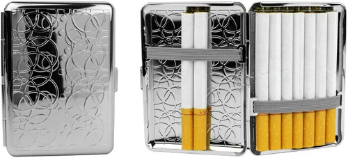 Vista 11 de Juego de 2 cajas de cigarrillos compactas chapadas en metal tamaño King con bandas elásticas (oro ovalado)