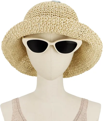 Vista 4 de Sombrero de paja para mujer, sombrero de playa plegable, sombrero de ala ancha, Flor beige-azul