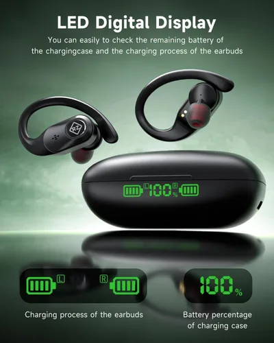 Vista 2 de Auriculares inalámbricos Bluetooth 96H Playtime Pantalla LED impermeable Micrófono integrado Sonido de graves profundos seguros sobre los oídos