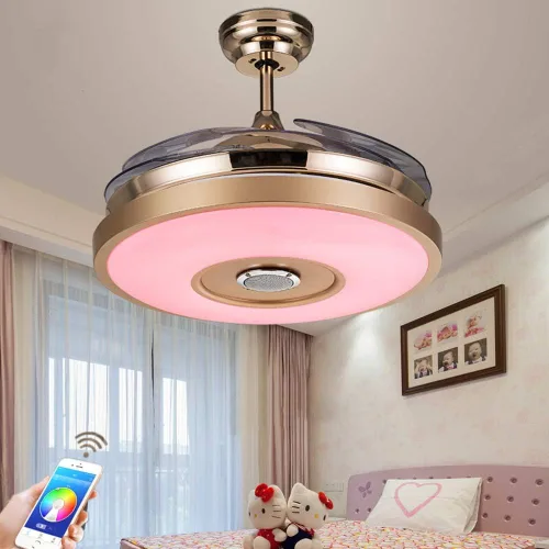 Vista 8 de Fandian Ventiladores de techo inteligentes modernos de 36 pulgadas con luz, candelabros con altavoz Bluetooth, 7 colores retráctiles con control