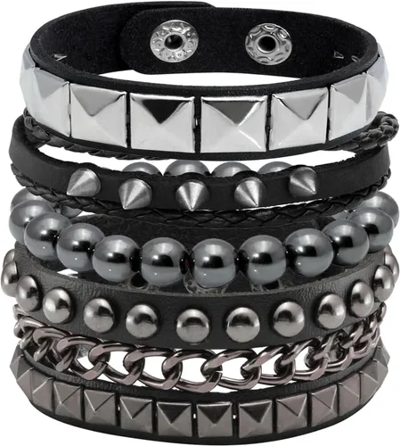 Vista 2 de Eigso Juego de 4 pulseras de cuero punk, con tachuelas de roca para hombres y mujeres, estilo retro, clásico, con pinchos, de metal, para hombre