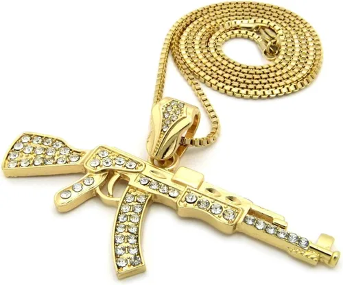 Vista 3 de Mens Iced Out ametralladora AK47Chopper, arma Uzi, pistola de mano, caja colgante, cuerda, cadena cubana, set de 3 collares con dije