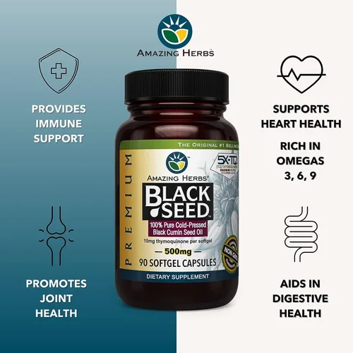 Vista 5 de Amazing Herbs Cápsulas Premium de Aceite de Semilla Negra - Sin Gluten, Sin OMG, Prensado en Frío Nigella Sativa Ayuda en la Salud Digestiva, Apoyo